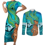 Aussie Aurora Borealis Aboriginal Art Couples Matching Short Sleeve Bodycon Dress and Long Sleeve Button Shirt