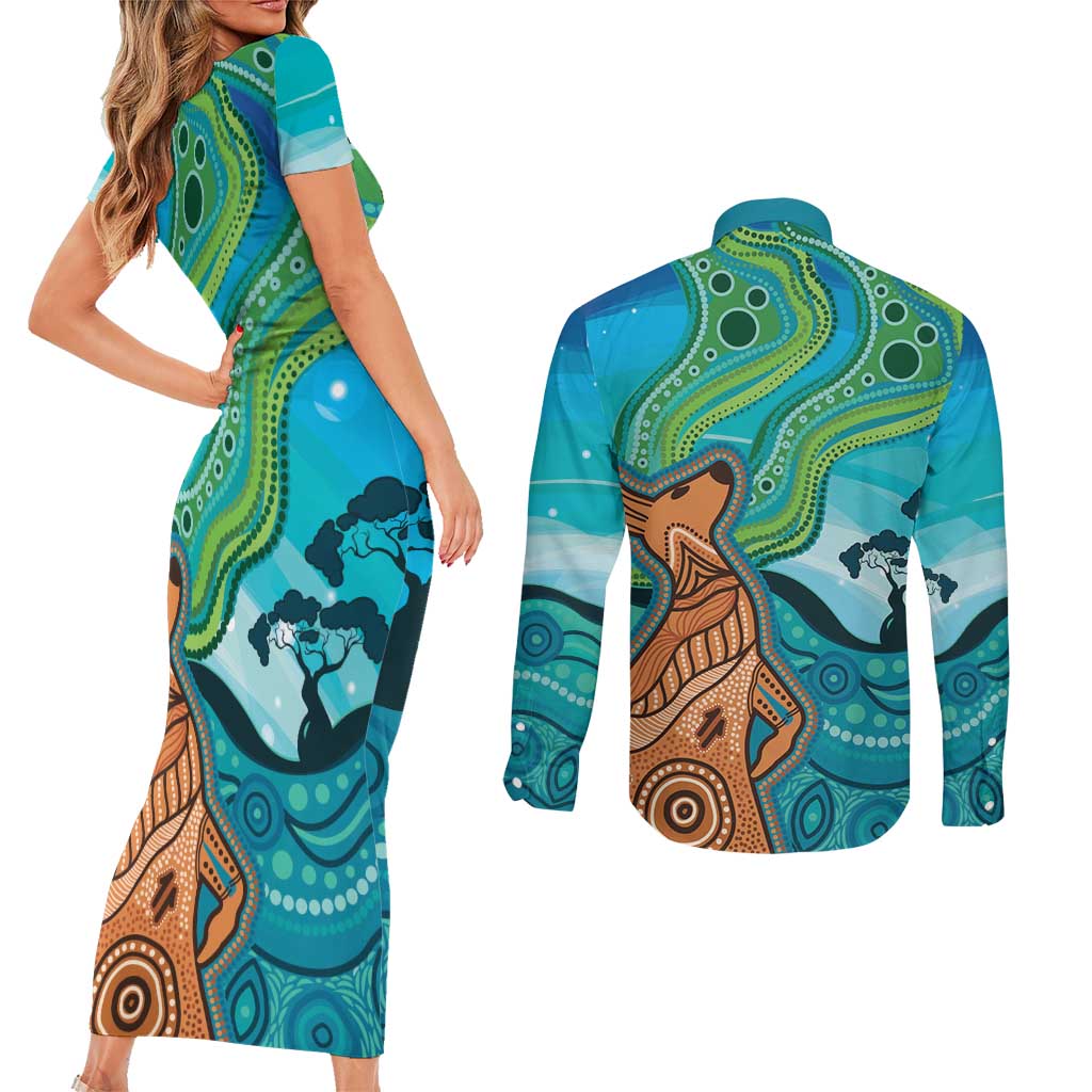 Aussie Aurora Borealis Aboriginal Art Couples Matching Short Sleeve Bodycon Dress and Long Sleeve Button Shirt
