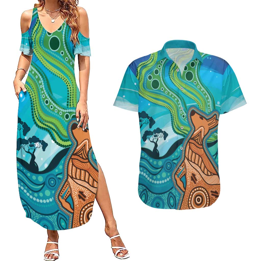 Aussie Aurora Borealis Aboriginal Art Couples Matching Summer Maxi Dress and Hawaiian Shirt