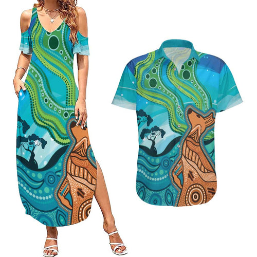 Aussie Aurora Borealis Aboriginal Art Couples Matching Summer Maxi Dress and Hawaiian Shirt