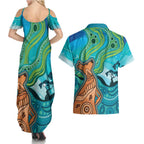 Aussie Aurora Borealis Aboriginal Art Couples Matching Summer Maxi Dress and Hawaiian Shirt