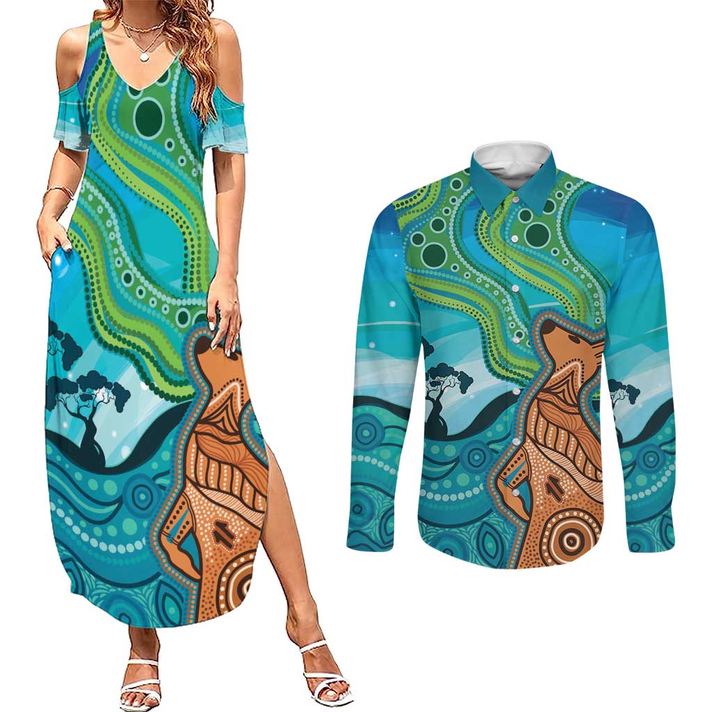 Aussie Aurora Borealis Aboriginal Art Couples Matching Summer Maxi Dress and Long Sleeve Button Shirt