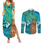 Aussie Aurora Borealis Aboriginal Art Couples Matching Summer Maxi Dress and Long Sleeve Button Shirt