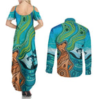 Aussie Aurora Borealis Aboriginal Art Couples Matching Summer Maxi Dress and Long Sleeve Button Shirt