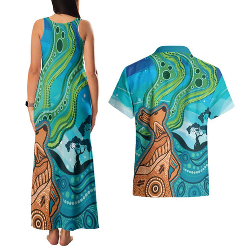 Aussie Aurora Borealis Aboriginal Art Couples Matching Tank Maxi Dress and Hawaiian Shirt