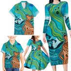 Aussie Aurora Borealis Aboriginal Art Family Matching Long Sleeve Bodycon Dress and Hawaiian Shirt