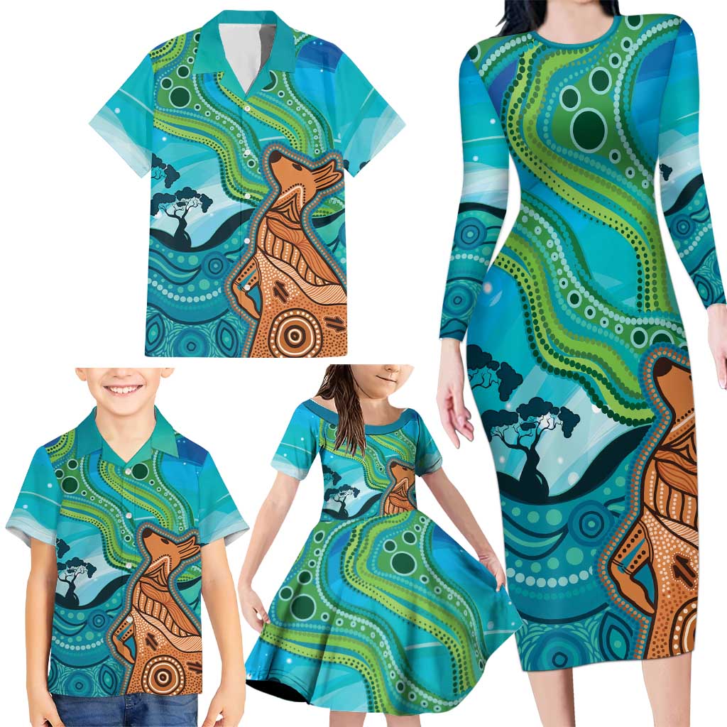 Aussie Aurora Borealis Aboriginal Art Family Matching Long Sleeve Bodycon Dress and Hawaiian Shirt