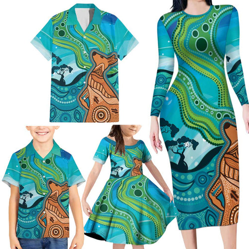 Aussie Aurora Borealis Aboriginal Art Family Matching Long Sleeve Bodycon Dress and Hawaiian Shirt