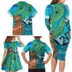 Aussie Aurora Borealis Aboriginal Art Family Matching Long Sleeve Bodycon Dress and Hawaiian Shirt