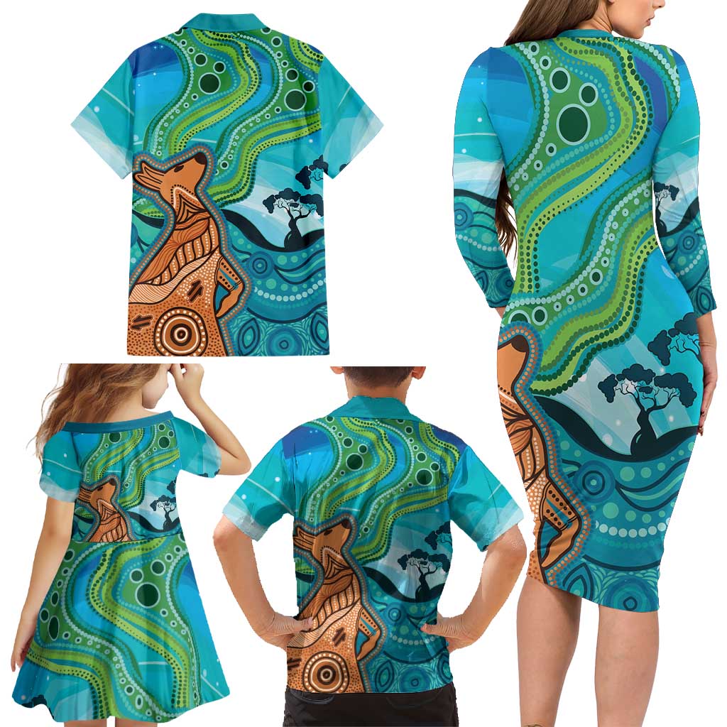 Aussie Aurora Borealis Aboriginal Art Family Matching Long Sleeve Bodycon Dress and Hawaiian Shirt