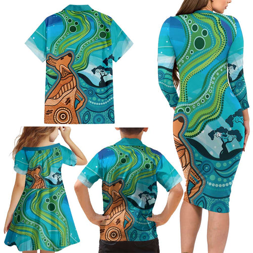 Aussie Aurora Borealis Aboriginal Art Family Matching Long Sleeve Bodycon Dress and Hawaiian Shirt