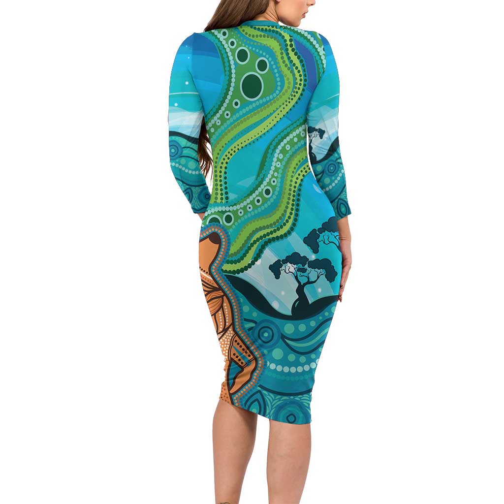 Aussie Aurora Borealis Aboriginal Art Family Matching Long Sleeve Bodycon Dress and Hawaiian Shirt