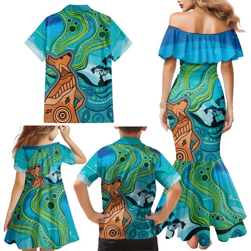 Aussie Aurora Borealis Aboriginal Art Family Matching Mermaid Dress and Hawaiian Shirt
