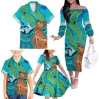 Aussie Aurora Borealis Aboriginal Art Family Matching Off The Shoulder Long Sleeve Dress and Hawaiian Shirt
