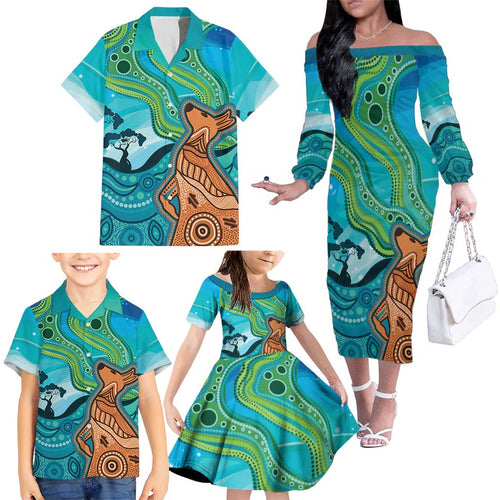 Aussie Aurora Borealis Aboriginal Art Family Matching Off The Shoulder Long Sleeve Dress and Hawaiian Shirt