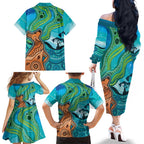 Aussie Aurora Borealis Aboriginal Art Family Matching Off The Shoulder Long Sleeve Dress and Hawaiian Shirt
