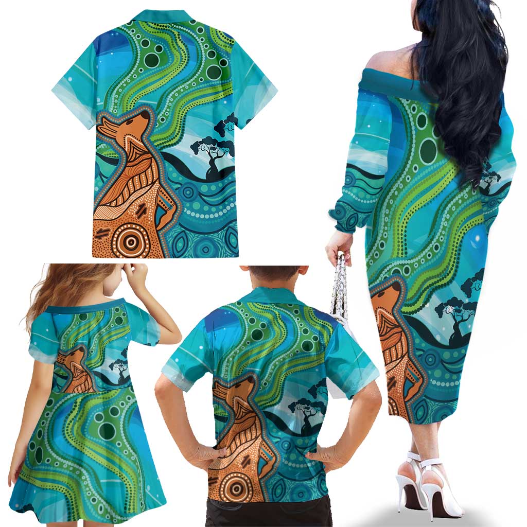 Aussie Aurora Borealis Aboriginal Art Family Matching Off The Shoulder Long Sleeve Dress and Hawaiian Shirt