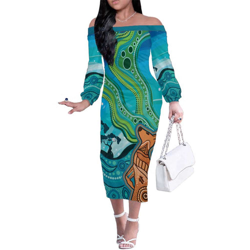 Aussie Aurora Borealis Aboriginal Art Family Matching Off The Shoulder Long Sleeve Dress and Hawaiian Shirt