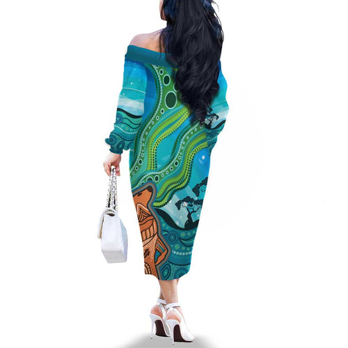Aussie Aurora Borealis Aboriginal Art Family Matching Off The Shoulder Long Sleeve Dress and Hawaiian Shirt