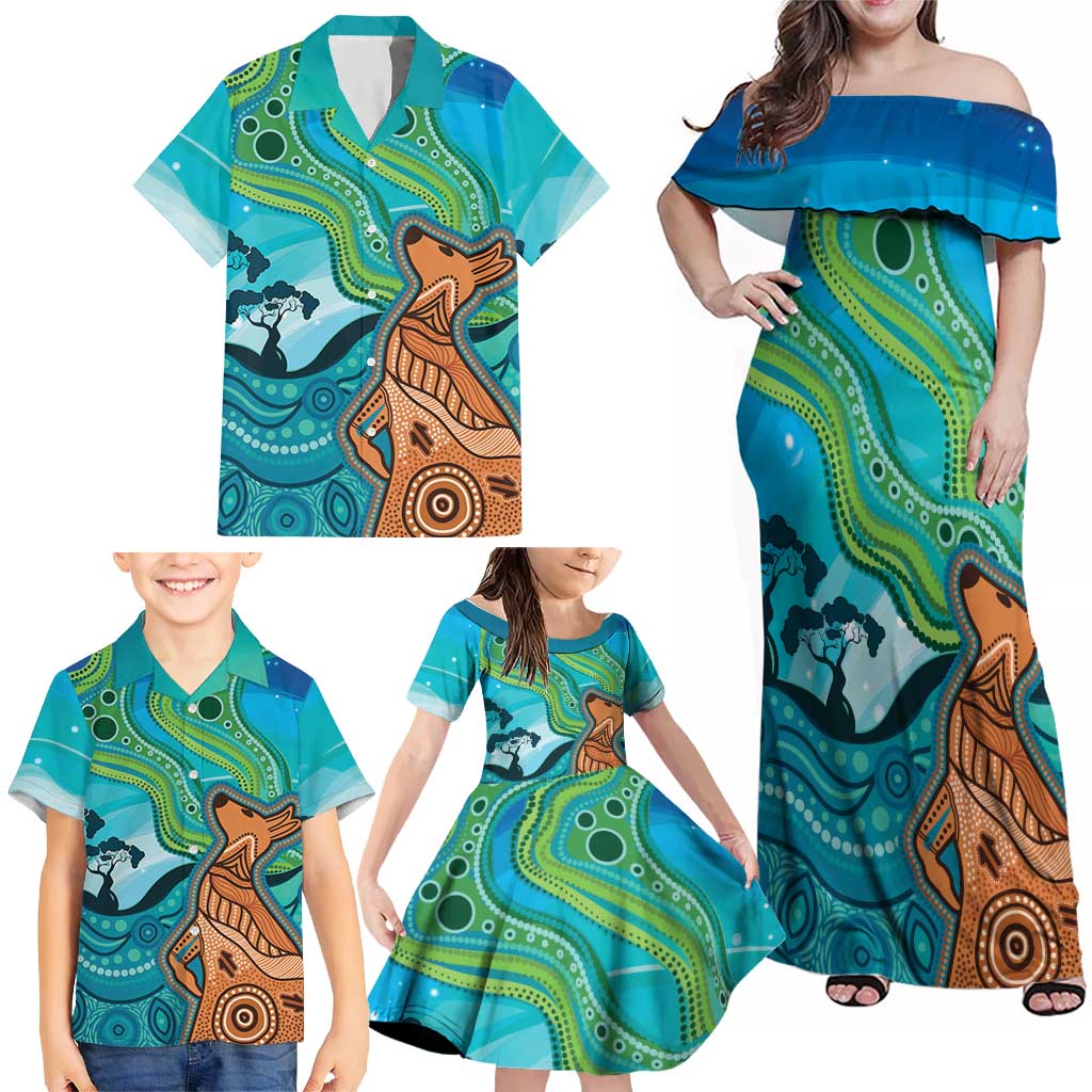 Aussie Aurora Borealis Aboriginal Art Family Matching Off Shoulder Maxi Dress and Hawaiian Shirt