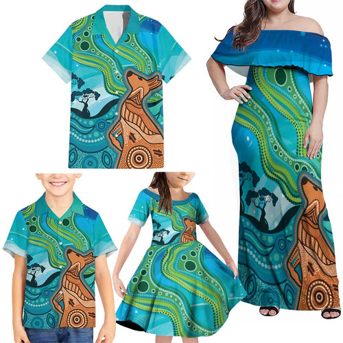Aussie Aurora Borealis Aboriginal Art Family Matching Off Shoulder Maxi Dress and Hawaiian Shirt