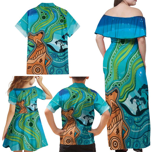 Aussie Aurora Borealis Aboriginal Art Family Matching Off Shoulder Maxi Dress and Hawaiian Shirt