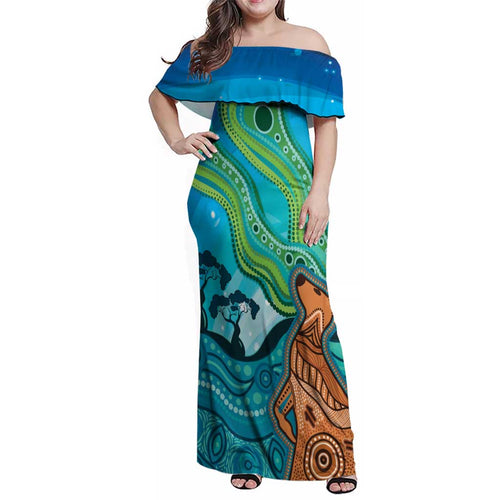 Aussie Aurora Borealis Aboriginal Art Family Matching Off Shoulder Maxi Dress and Hawaiian Shirt