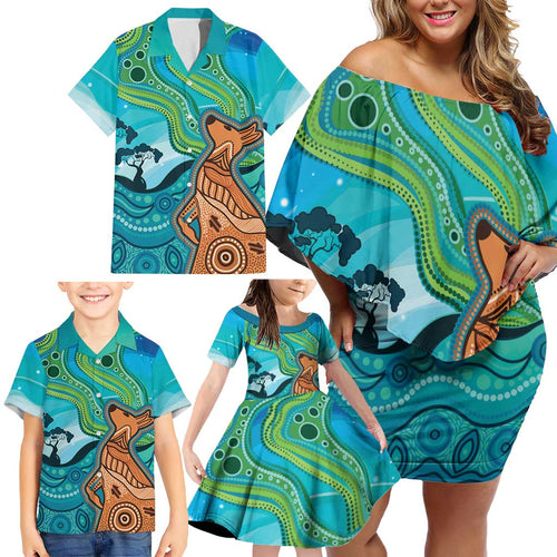 Aussie Aurora Borealis Aboriginal Art Family Matching Off Shoulder Short Dress and Hawaiian Shirt