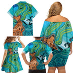 Aussie Aurora Borealis Aboriginal Art Family Matching Off Shoulder Short Dress and Hawaiian Shirt