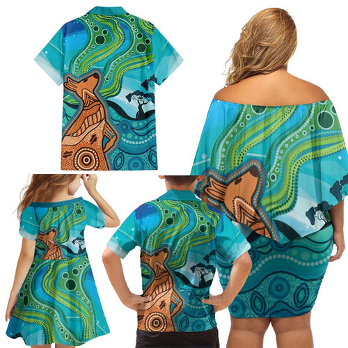 Aussie Aurora Borealis Aboriginal Art Family Matching Off Shoulder Short Dress and Hawaiian Shirt