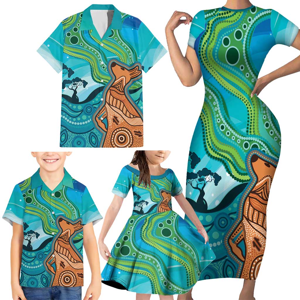 Aussie Aurora Borealis Aboriginal Art Family Matching Short Sleeve Bodycon Dress and Hawaiian Shirt
