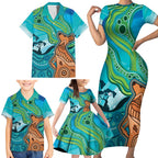 Aussie Aurora Borealis Aboriginal Art Family Matching Short Sleeve Bodycon Dress and Hawaiian Shirt