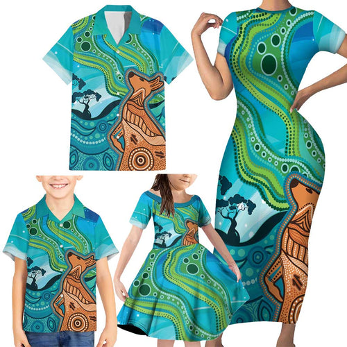 Aussie Aurora Borealis Aboriginal Art Family Matching Short Sleeve Bodycon Dress and Hawaiian Shirt