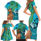 Aussie Aurora Borealis Aboriginal Art Family Matching Short Sleeve Bodycon Dress and Hawaiian Shirt