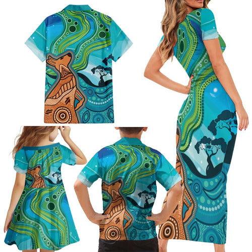 Aussie Aurora Borealis Aboriginal Art Family Matching Short Sleeve Bodycon Dress and Hawaiian Shirt