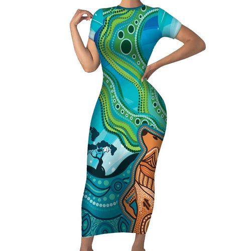 Aussie Aurora Borealis Aboriginal Art Family Matching Short Sleeve Bodycon Dress and Hawaiian Shirt