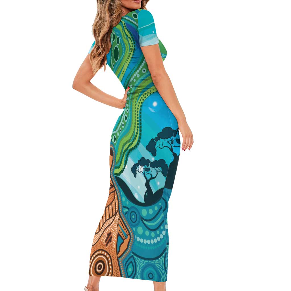 Aussie Aurora Borealis Aboriginal Art Family Matching Short Sleeve Bodycon Dress and Hawaiian Shirt