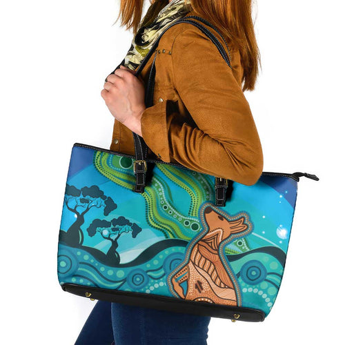 Aussie Aurora Borealis Aboriginal Art Leather Tote Bag