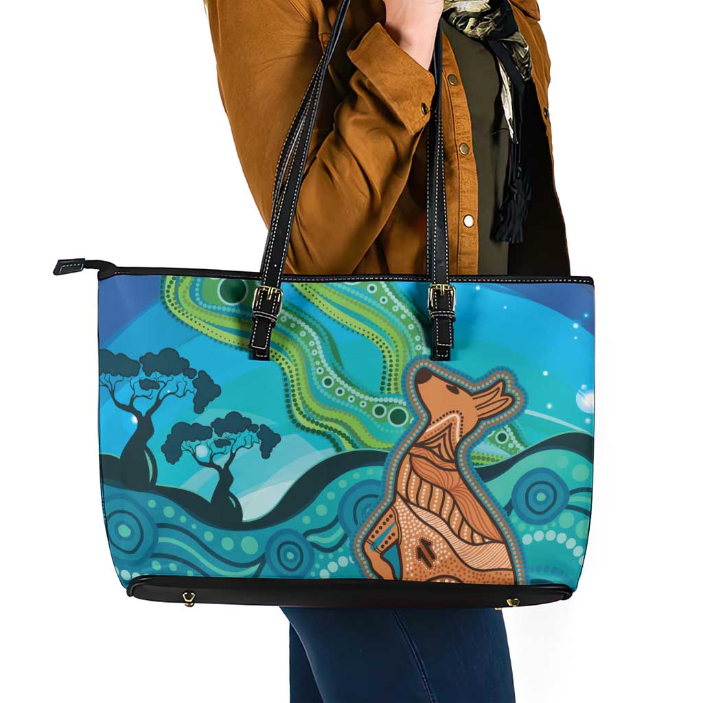 Aussie Aurora Borealis Aboriginal Art Leather Tote Bag