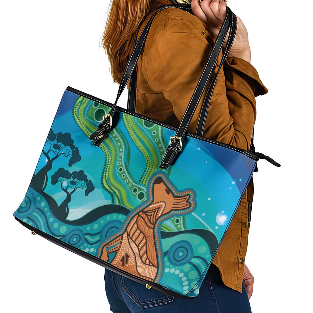 Aussie Aurora Borealis Aboriginal Art Leather Tote Bag