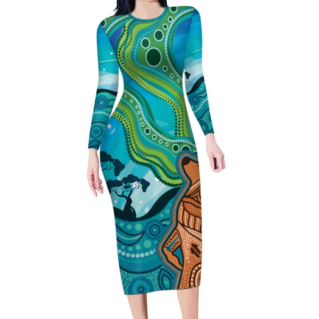 Aussie Aurora Borealis Aboriginal Art Long Sleeve Bodycon Dress