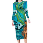 Aussie Aurora Borealis Aboriginal Art Long Sleeve Bodycon Dress