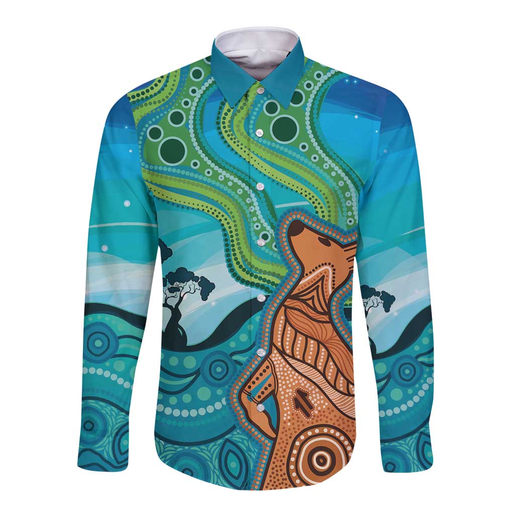 Aussie Aurora Borealis Aboriginal Art Long Sleeve Button Shirt