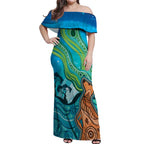 Aussie Aurora Borealis Aboriginal Art Off Shoulder Maxi Dress