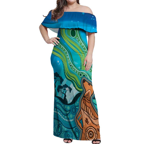 Aussie Aurora Borealis Aboriginal Art Off Shoulder Maxi Dress