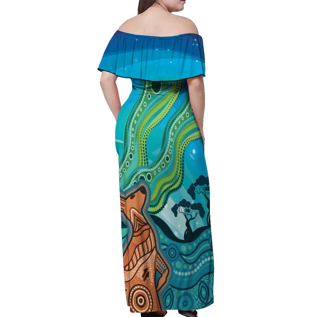 Aussie Aurora Borealis Aboriginal Art Off Shoulder Maxi Dress