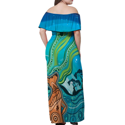 Aussie Aurora Borealis Aboriginal Art Off Shoulder Maxi Dress