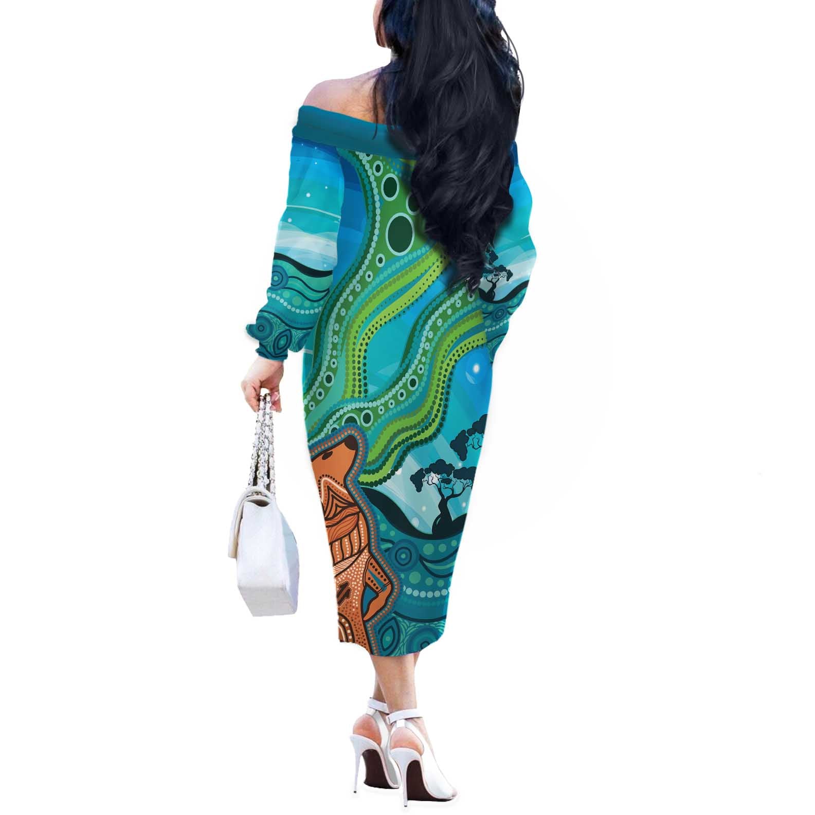 Aussie Aurora Borealis Aboriginal Art Off The Shoulder Long Sleeve Dress