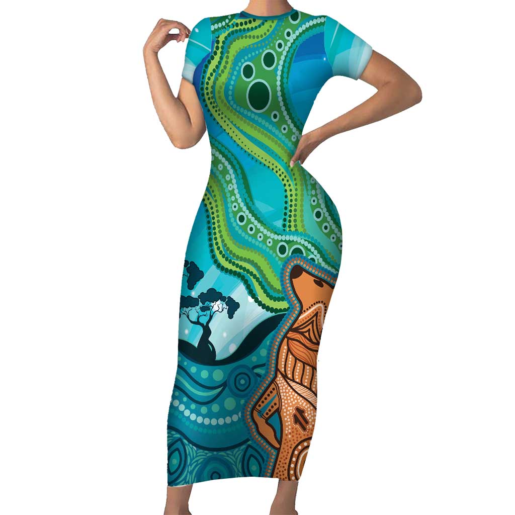 Aussie Aurora Borealis Aboriginal Art Short Sleeve Bodycon Dress