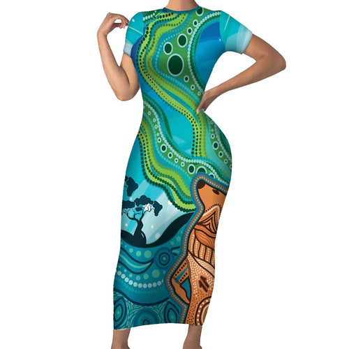Aussie Aurora Borealis Aboriginal Art Short Sleeve Bodycon Dress